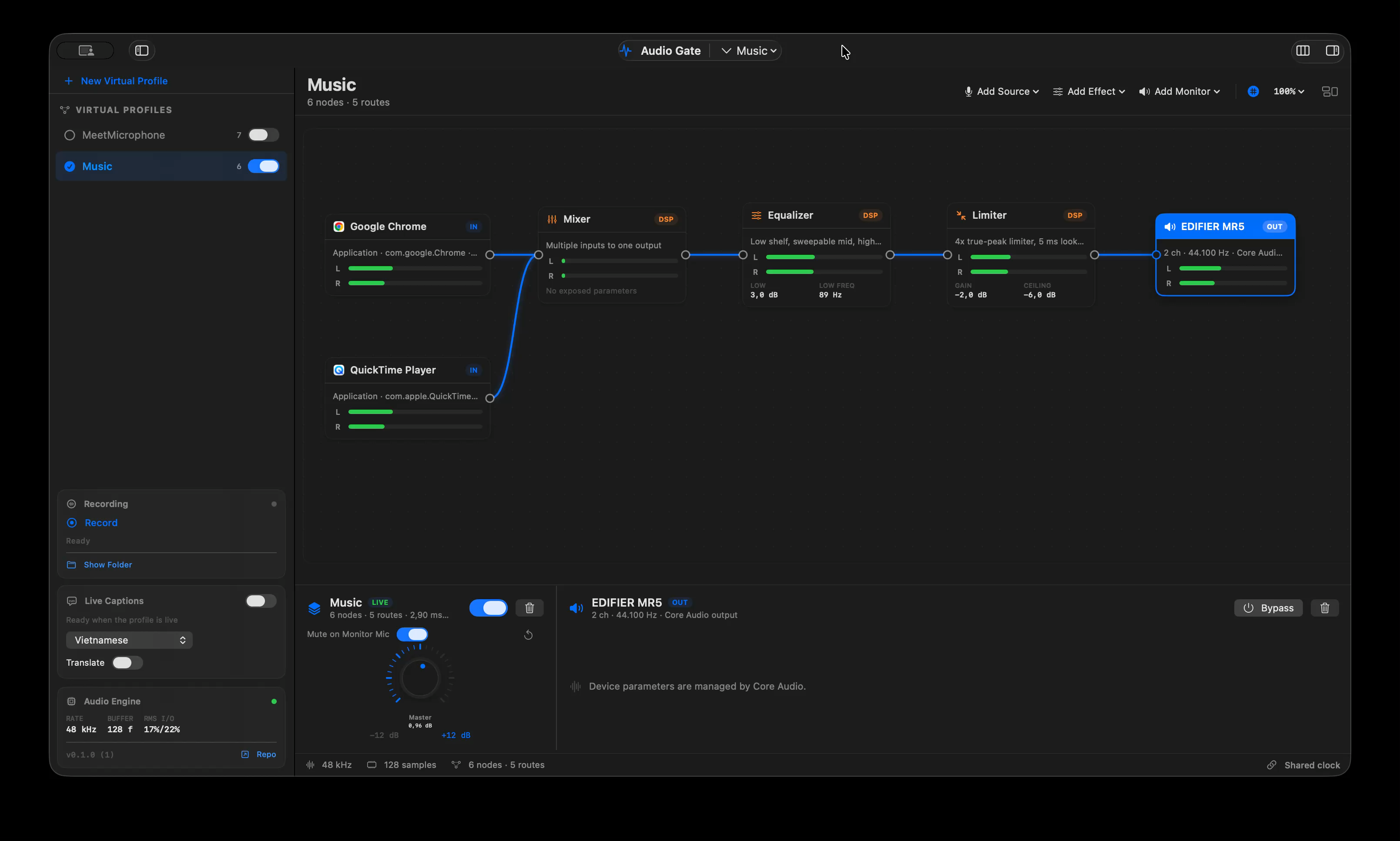 Audio Gate showing virtual profiles and a visual audio-routing graph